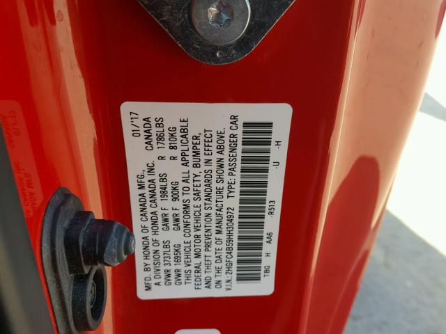 2HGFC4B59HH304972 - 2017 HONDA CIVIC LX RED photo 10