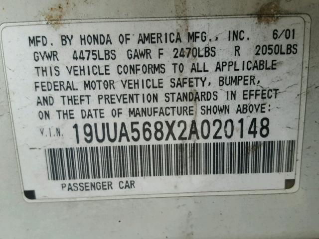 19UUA568X2A020148 - 2002 ACURA 3.2TL TYPE WHITE photo 10