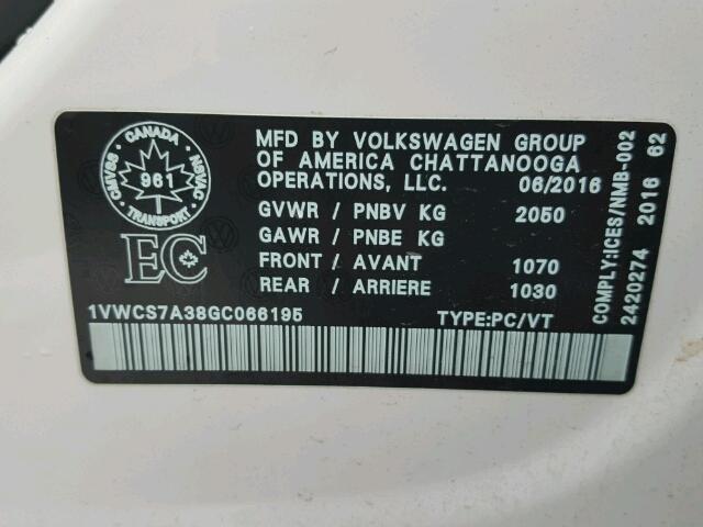 1VWCS7A38GC066195 - 2016 VOLKSWAGEN PASSAT SEL WHITE photo 10