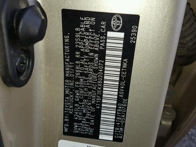 4T1BF3EKXBU204072 - 2011 TOYOTA CAMRY BASE GOLD photo 10