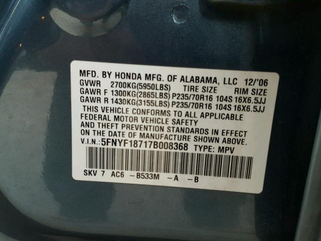 5FNYF18717B008368 - 2007 HONDA PILOT EXL BLUE photo 10