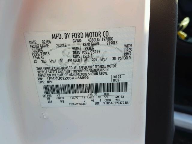 1FMYU02Z66KC86996 - 2006 FORD ESCAPE XLS WHITE photo 10