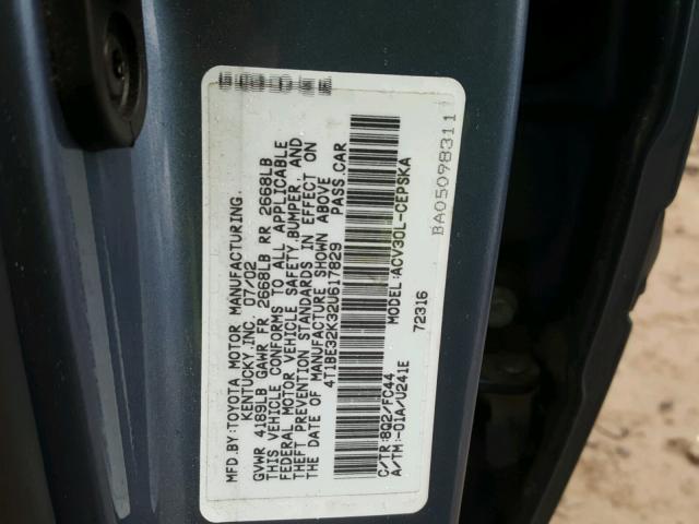 4T1BE32K32U617829 - 2002 TOYOTA CAMRY LE 蓝色 照片 10