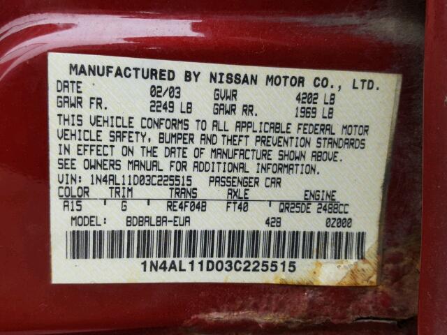 1N4AL11D03C225515 - 2003 NISSAN ALTIMA BAS MAROON photo 10