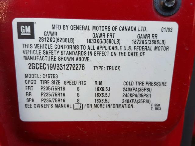 2GCEC19V331272276 - 2003 CHEVROLET SILVERADO RED photo 10