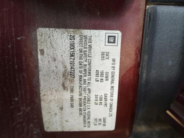 2G1WX15K719147227 - 2001 CHEVROLET MONTE CARL RED photo 10