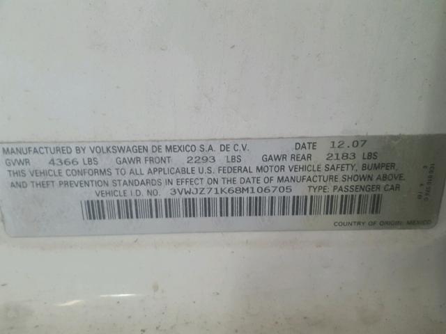 3VWJZ71K68M106705 - 2008 VOLKSWAGEN JETTA S 白色 照片 10