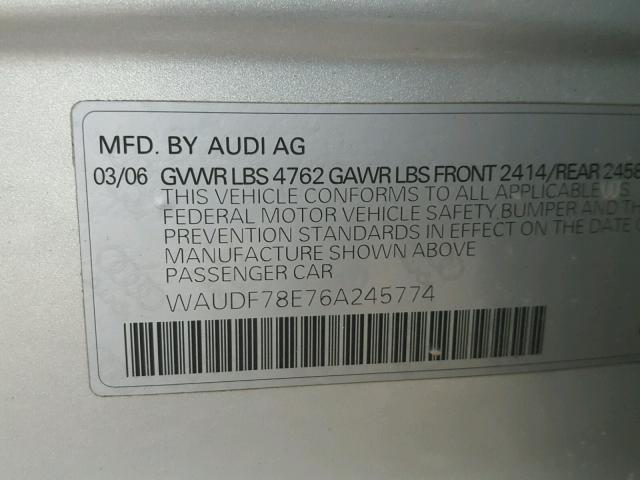 WAUDF78E76A245774 - 2006 AUDI A4 2.0T QU SILVER photo 10