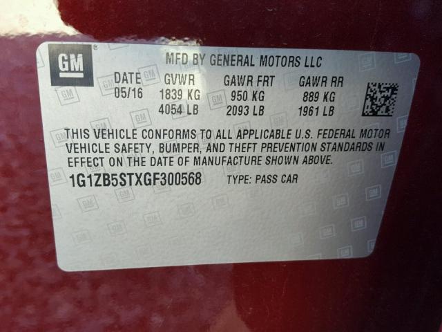 1G1ZB5STXGF300568 - 2016 CHEVROLET MALIBU LS წითელი ფოტო 10