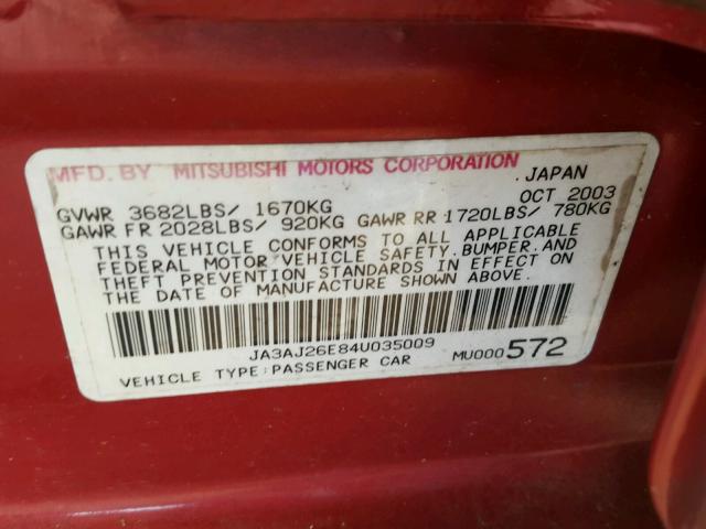 JA3AJ26E84U035009 - 2004 MITSUBISHI LANCER ES RED photo 10