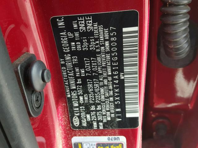 5XYKT4A61EG500857 - 2014 KIA SORENTO LX RED photo 10