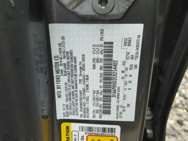 3FA6P0HD2ER254402 - 2014 FORD FUSION SE GRAY photo 10