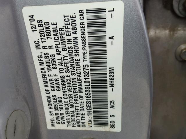 1HGES16535L013275 - 2005 HONDA CIVIC LX SILVER photo 10