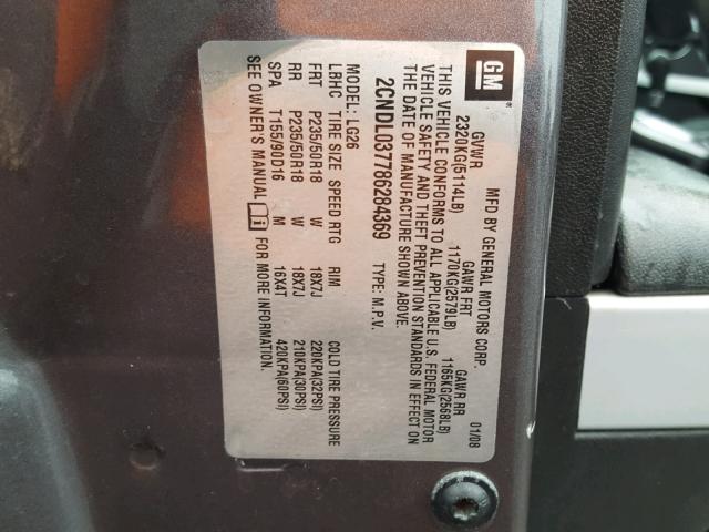 2CNDL037786284369 - 2008 CHEVROLET EQUINOX SP GRAY photo 10