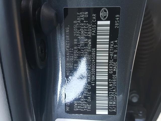 4T1BK3DB0CU450806 - 2012 TOYOTA AVALON BAS Grafitowy zdjęcie 10