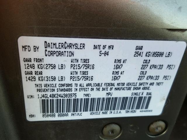 1J4GL48K24W303975 - 2004 JEEP LIBERTY SP TAN photo 10