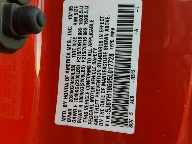 5J6YH18695L017728 - 2005 HONDA ELEMENT EX RED photo 10