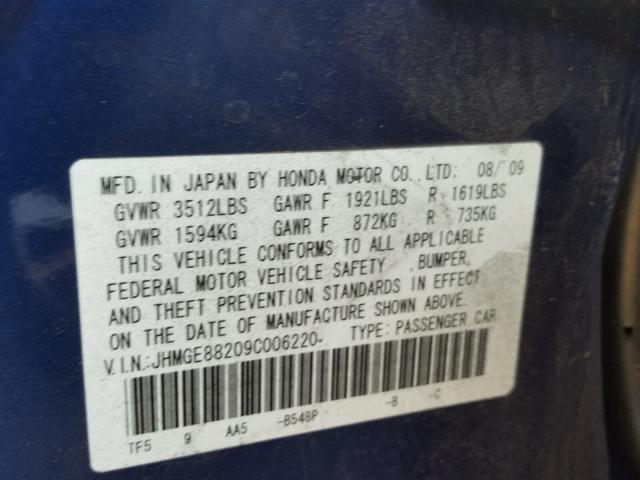 JHMGE88209C006220 - 2009 HONDA FIT BLUE photo 10