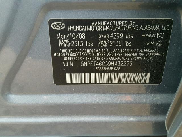 5NPET46C59H432279 - 2009 HYUNDAI SONATA GLS BLUE photo 10