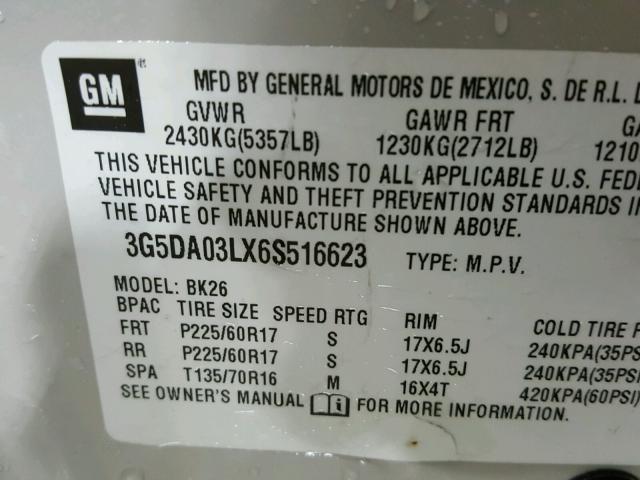 3G5DA03LX6S516623 - 2006 BUICK RENDEZVOUS CREAM photo 10