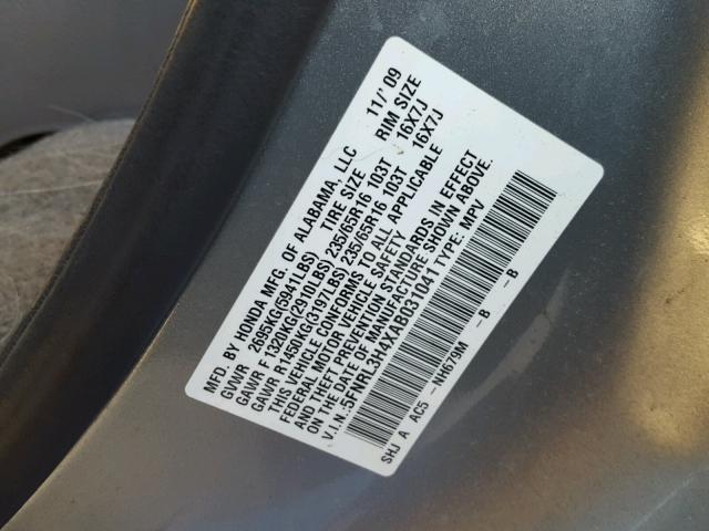 5FNRL3H4XAB031041 - 2010 HONDA ODYSSEY EX GRAY photo 10