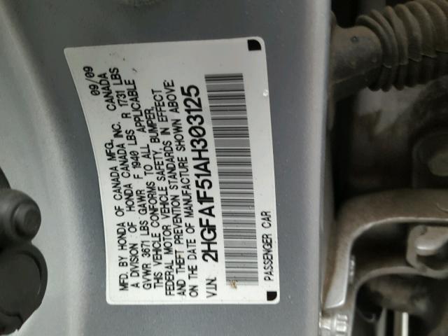 2HGFA1F51AH303125 - 2010 HONDA CIVIC LX SILVER photo 10