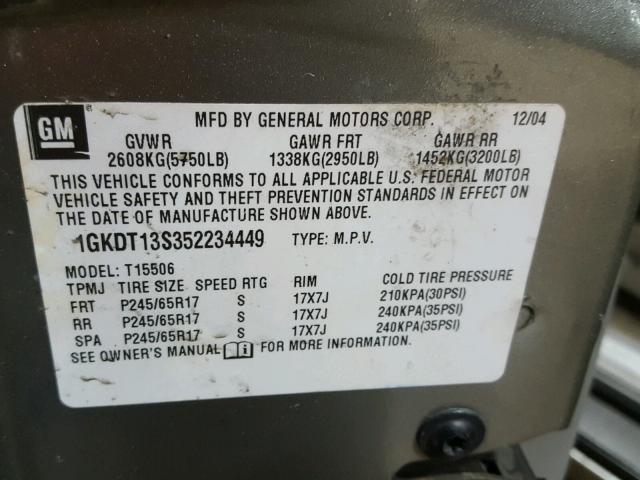 1GKDT13S352234449 - 2005 GMC ENVOY GRAY photo 10