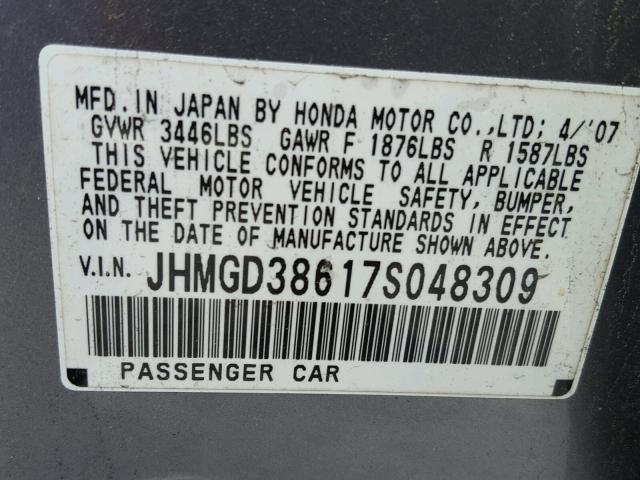 JHMGD38617S048309 - 2007 HONDA FIT S SILVER photo 10