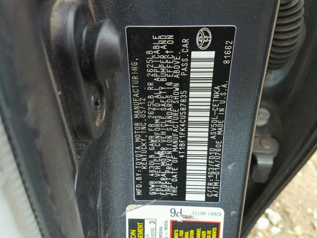 4T1BF1FK4CU587835 - 2012 TOYOTA CAMRY BASE GRAY photo 10