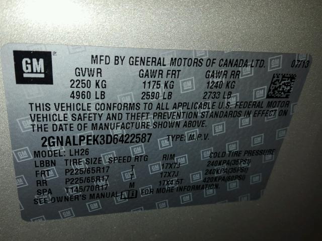 2GNALPEK3D6422587 - 2013 CHEVROLET EQUINOX LT TAN photo 10