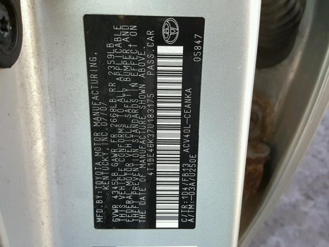 4T1BE46K37U183175 - 2007 TOYOTA CAMRY NEW SILVER photo 10