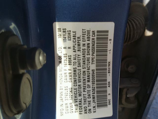 JHMFA36219S008948 - 2009 HONDA CIVIC HYBR BLUE photo 10