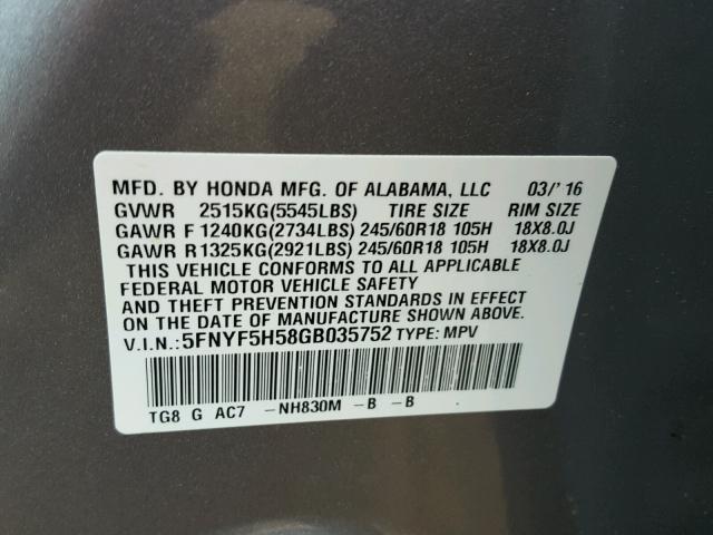 5FNYF5H58GB035752 - 2016 HONDA PILOT EXL SILVER photo 10