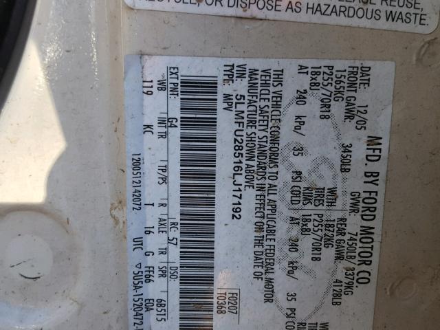 5LMFU28516LJ17192 - 2006 LINCOLN NAVIGATOR Biały zdjęcie 10