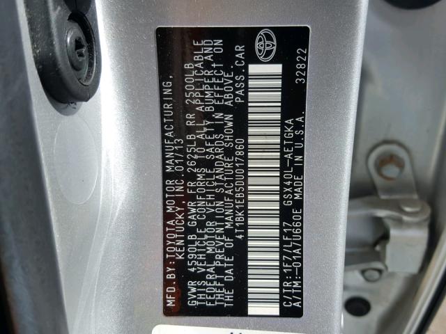 4T1BK1EB5DU017860 - 2013 TOYOTA AVALON BAS Szary zdjęcie 10