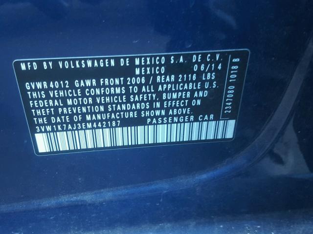 3VW1K7AJ3EM442187 - 2014 VOLKSWAGEN JETTA BASE 蓝色 照片 10