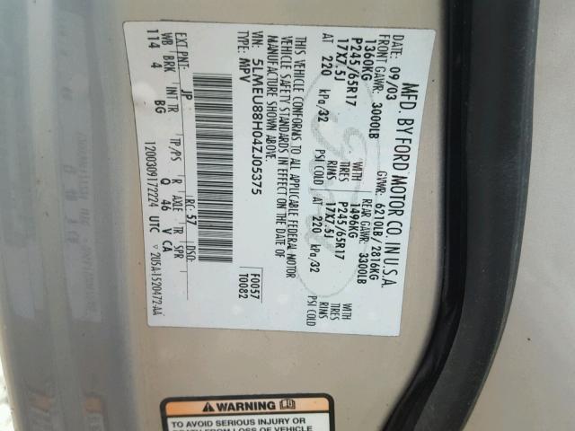 5LMEU88H04ZJ05375 - 2004 LINCOLN AVIATOR 银色 照片 10