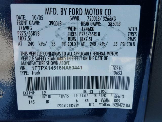 1FTPX14516NA50441 - 2006 FORD F150 BLUE photo 10