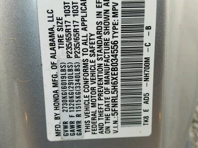 5FNRL5H6XEB034556 - 2014 HONDA ODYSSEY EX SILVER photo 10