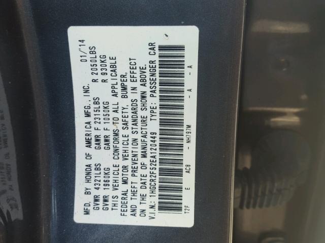 1HGCR2F52EA120449 - 2014 HONDA ACCORD SPO GRAY photo 10