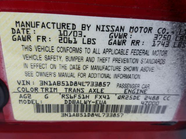 3N1AB51D84L733857 - 2004 NISSAN SENTRA SE- RED photo 10