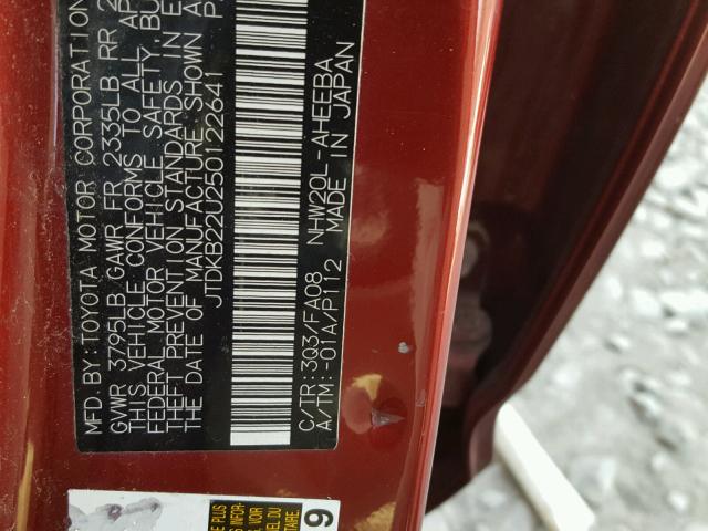 JTDKB22U250122641 - 2005 TOYOTA PRIUS RED photo 10