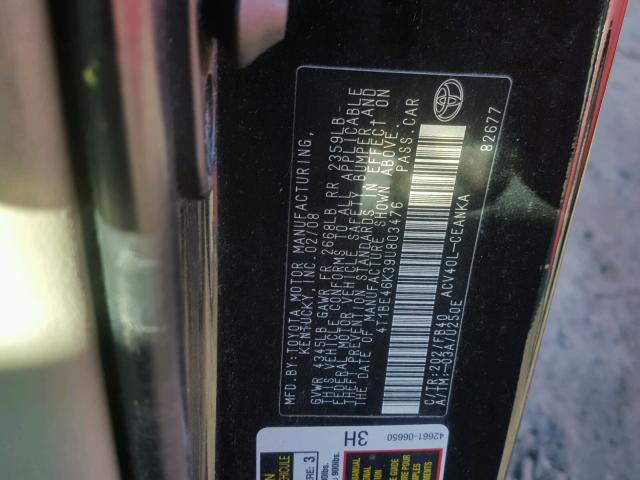 4T1BE46K39U803476 - 2009 TOYOTA CAMRY BASE BLACK photo 10