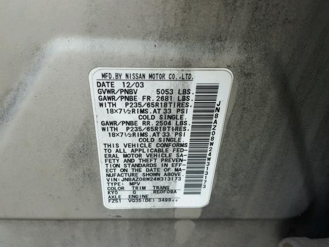 JN8AZ08W24W313173 - 2004 NISSAN MURANO SL SILVER photo 10