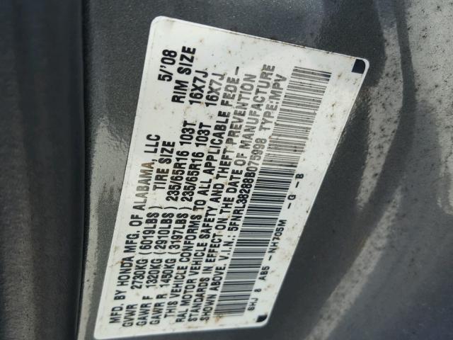 5FNRL38288B075998 - 2008 HONDA ODYSSEY LX GRAY photo 10