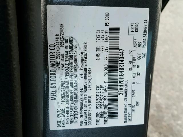 3FAHP0HG4BR140447 - 2011 FORD FUSION SE GRAY photo 10