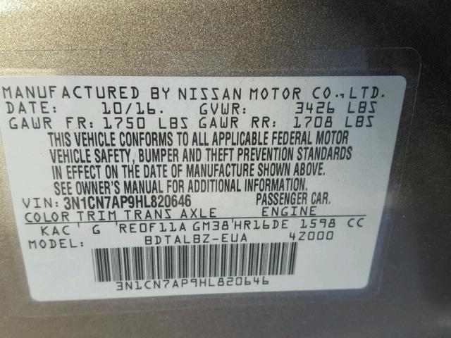 3N1CN7AP9HL820646 - 2017 NISSAN VERSA S GRAY photo 10