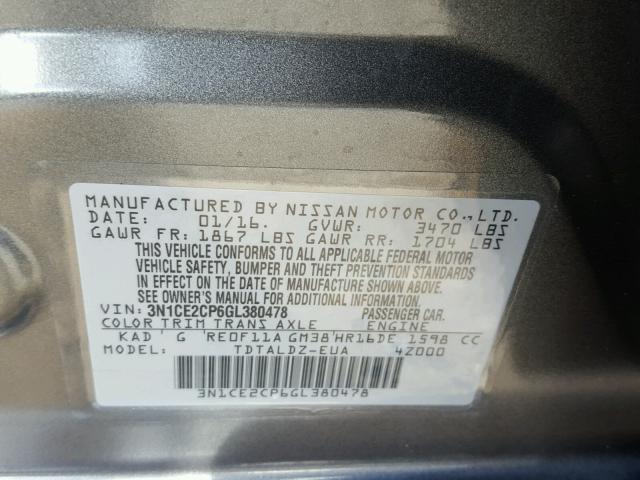 3N1CE2CP6GL380478 - 2016 NISSAN VERSA NOTE GRAY photo 10