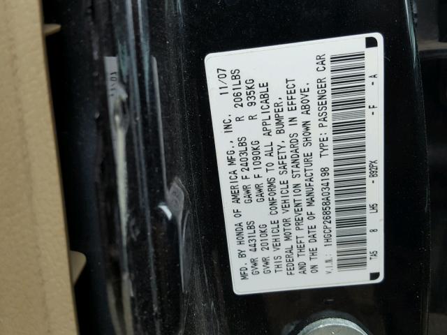 1HGCP26858A034198 - 2008 HONDA ACCORD EXL BLACK photo 10