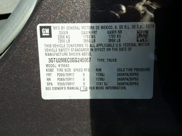 3GTU2MEC0GG245067 - 2016 GMC SIERRA K15 CHARCOAL photo 10